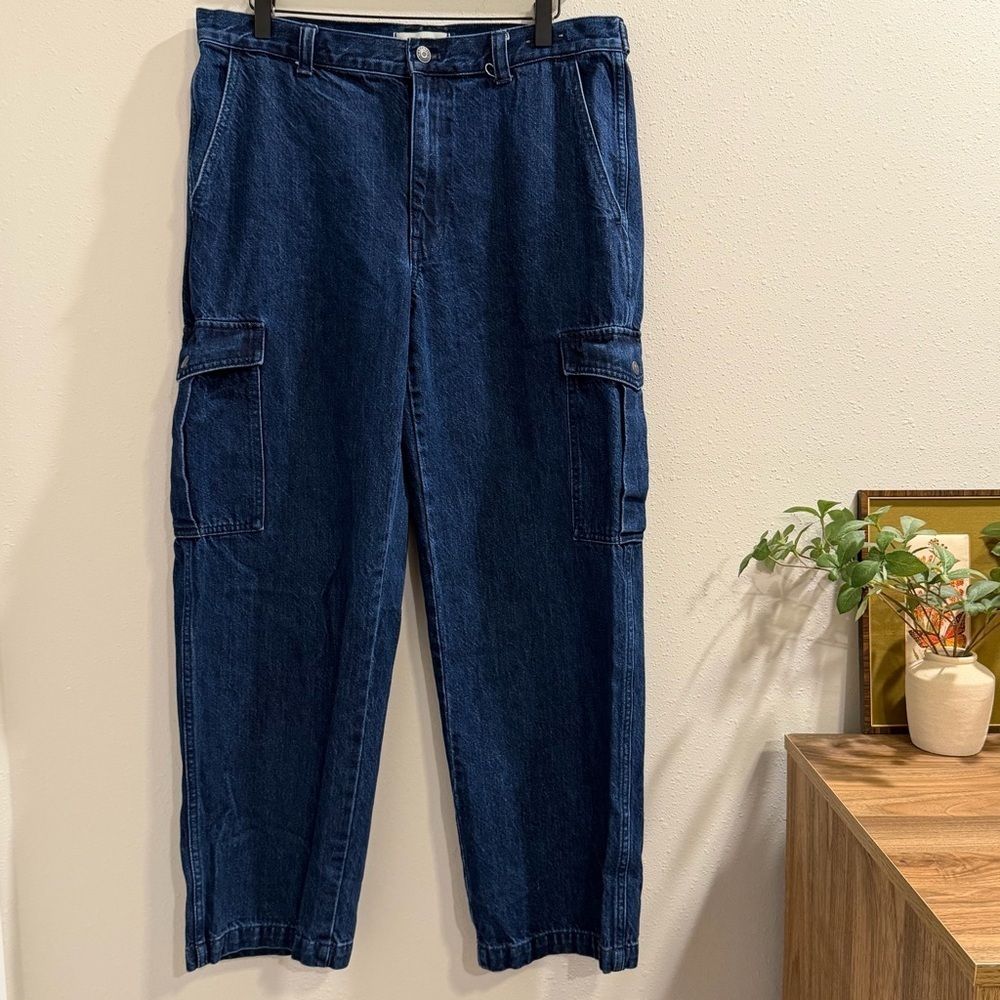 Madewell Size 30 Blue Low Slung Cargo Denim Jeans Slouchy Straight Pockets City